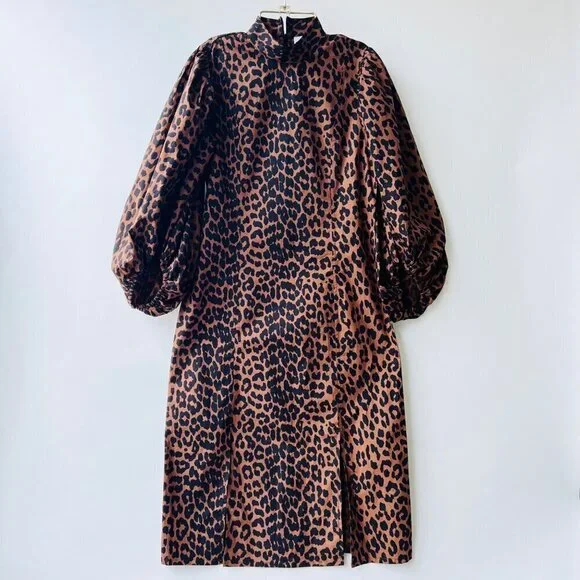 Ganni Sustain Leopard puff sleeves midi dress, Brown Leopard, Size 34 - Picture 3 of 13